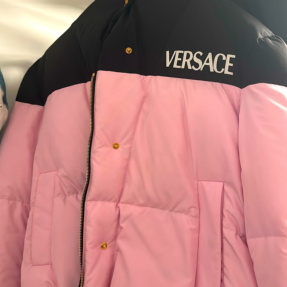 Versace, pink and black jacket, puffy jacket only worn a couple times